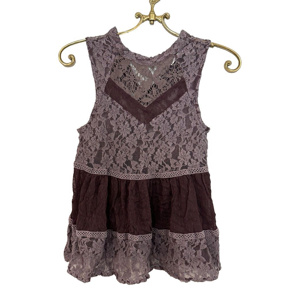 FREE PEOPLE Tiered Sz Small Purple Lace Lady Bird Top Swing Tank High Neck Mesh